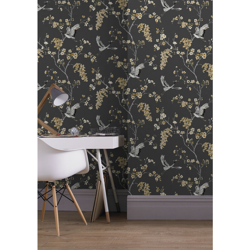 Papier peint intissé Alexa Grues 1005 x 52cm Anthracite, Or