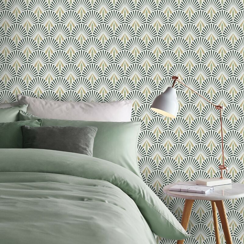 Papier peint intissé Art Déco Selena 1005 x 52cm Blanc, Vert - Vert