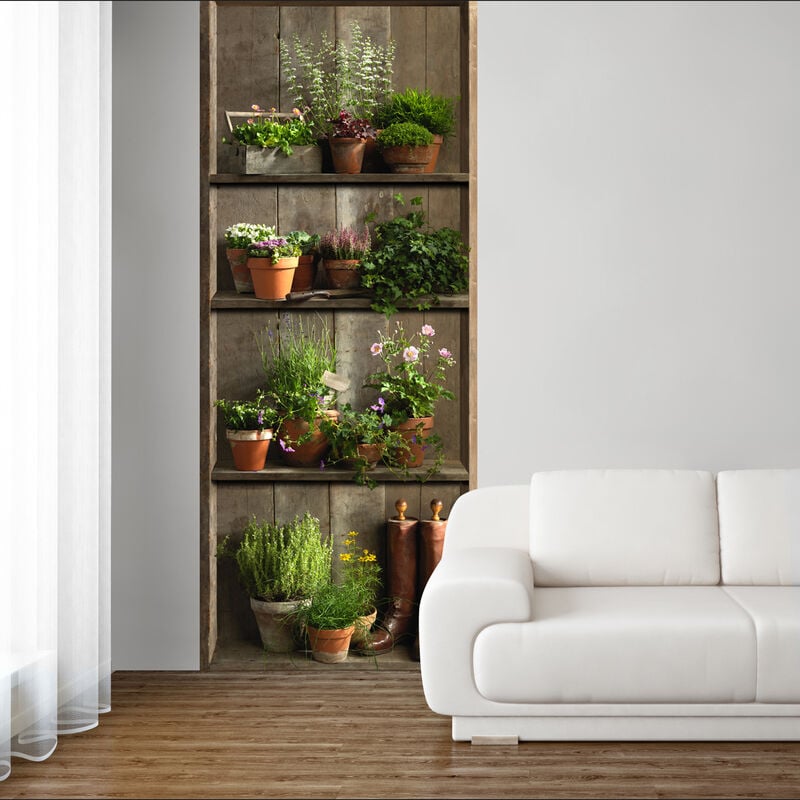 Papier peint intissé 250 cm x 96 cm, décor rustique avec étagère, plantes vertes et bottes anciennes