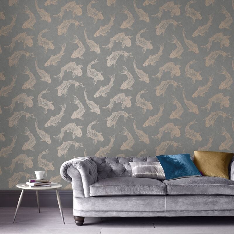 Papier peint intissé Carpes royales 1005 x 52cm Gris ardoise, cuivre