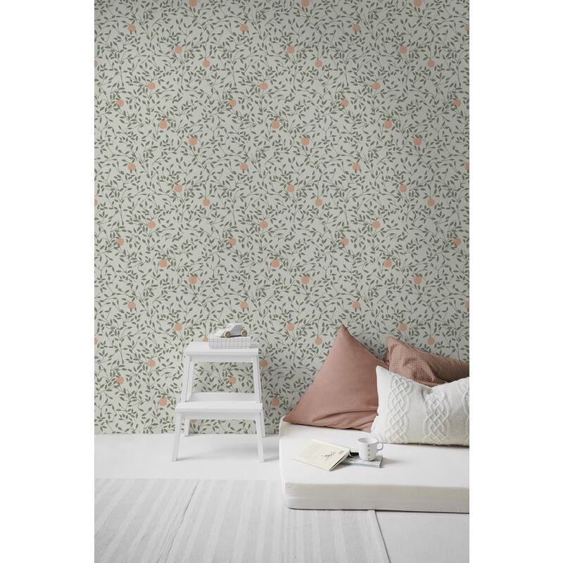 Papier peint intissé Secret 1005 x 52cm Vert, saumon sur fond beige