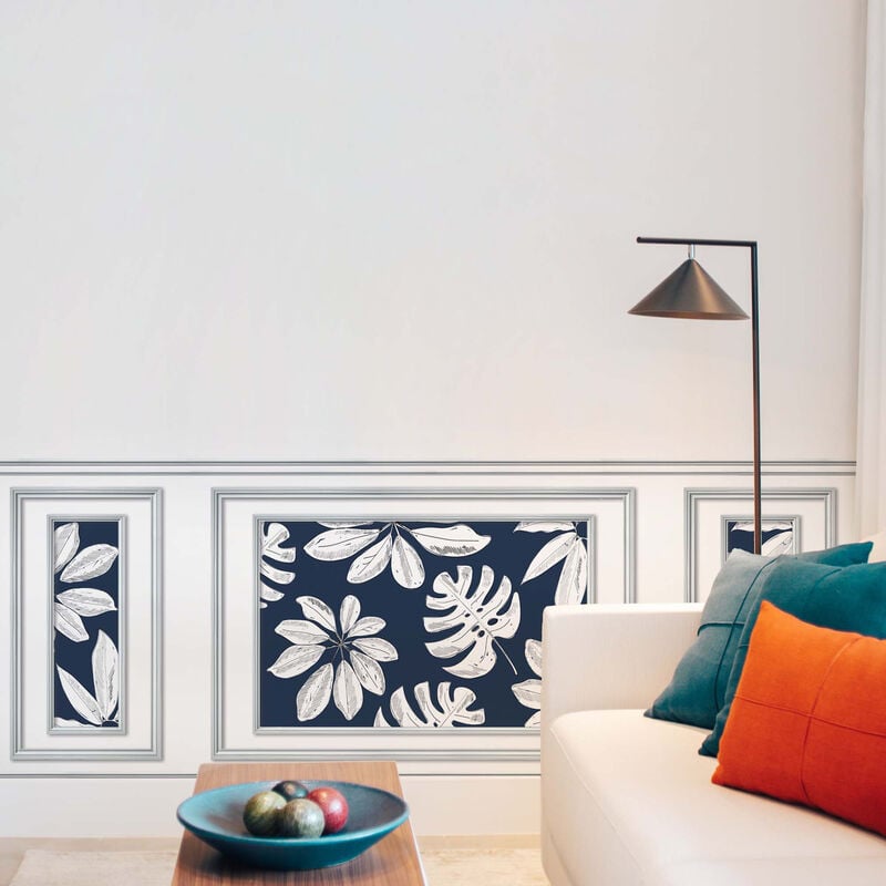 Papier peint intissé décoratif, imitation boiseries, fond bleu et motif feuille tropicale blanche, 75 cm x 200 cm