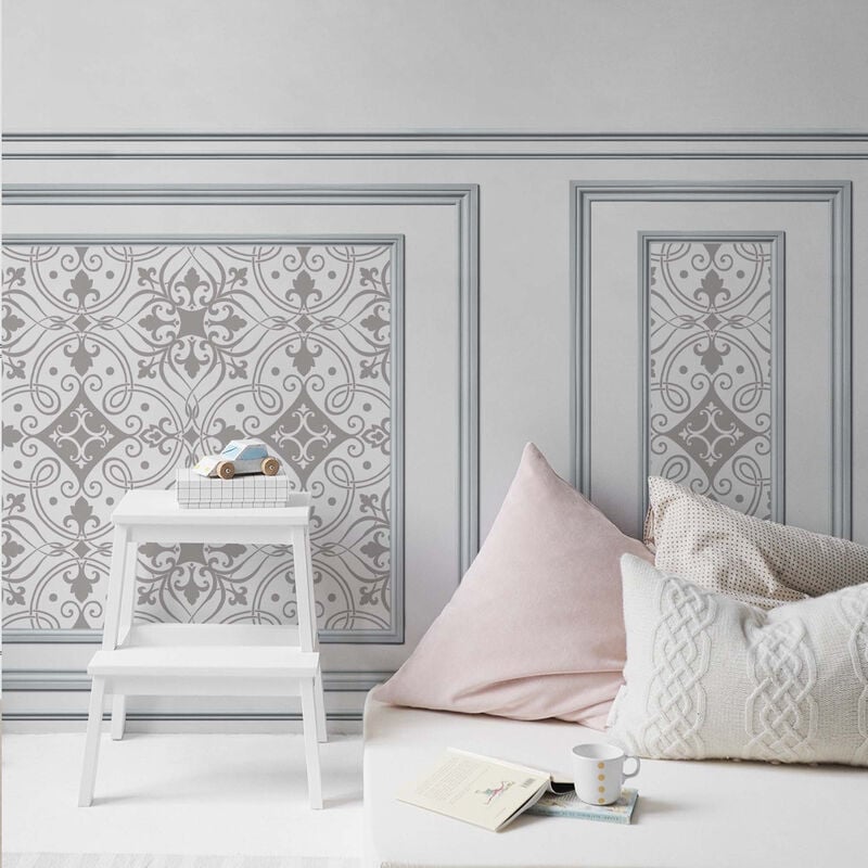 Papier peint intissé gris motif arabesque, décoratif unique, imitation boiseries, 75 cm x 200 cm