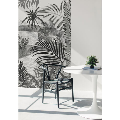 Papier peint intissé 250 cm X 150 cm, Rivière et Forêt Tropicale, Noir et Gris Foncé, Décoration Murale Intérieure.