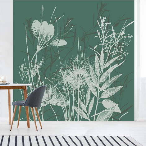 Papier peint intissé 250 cm X 250 cm, motifs prairie, illustration sur fond vert foncé