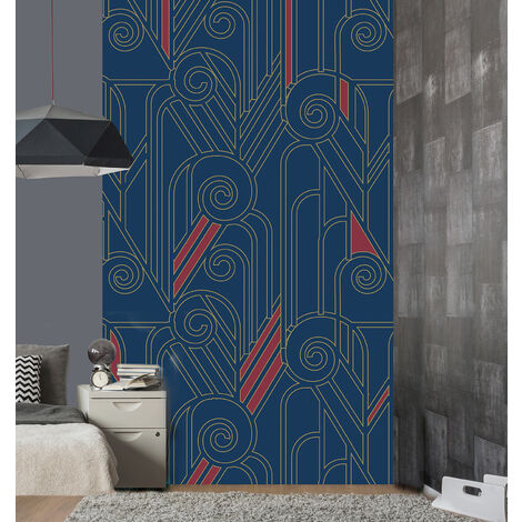 Papier peint intissé 250x150cm, art déco, graphisme doré et rouge sur fond bleu.