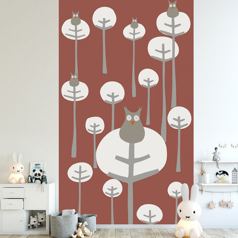 Papier peint intissé 250x150cm, Chouette dans la forêt, Marron/Blanc, Chambre enfant - Déco murale originale et unique