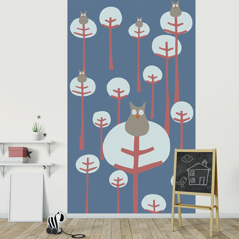 Papier peint intissé 250x150cm, Chouette forêt arbre, Bleu rouge, pour chambre enfant. Déco murale originale et amusante pour enfants.