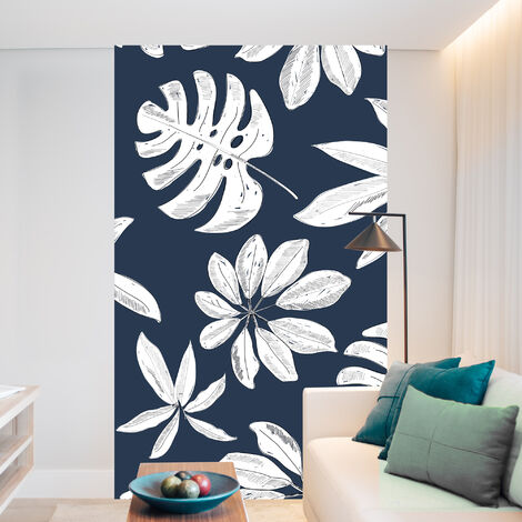 Papier peint intissé 250x150cm, motifs feuilles blanches sur fond bleu marine, style tropical.