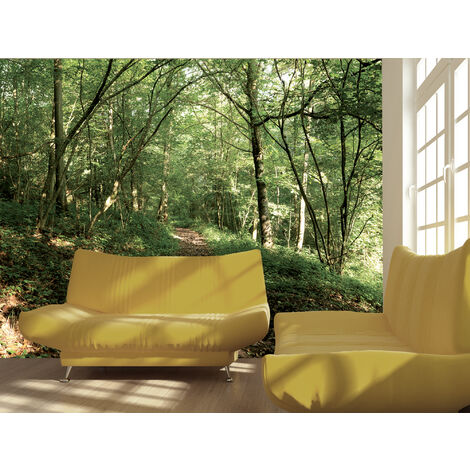 Papier peint intissé 270 cm X 250 cm, vue sur la forêt, profitez de la beauté de la nature avec ce produit décoratif. - Vert