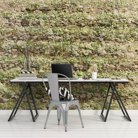 Papier peint intissé 270x250 cm, mur végétal du Sud avec fleurs blanches et pierres - Décoration murale pour intérieur