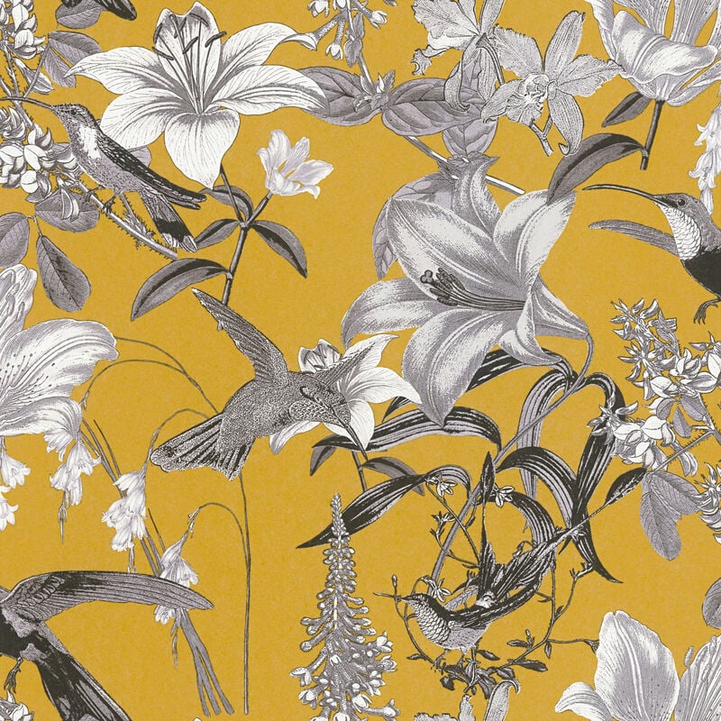 Papier peint tendance jaune à motif fleurs & oiseaux Tapisserie jaune & grise à motif fleurs de lys Papier peint moderne motif colibris gris