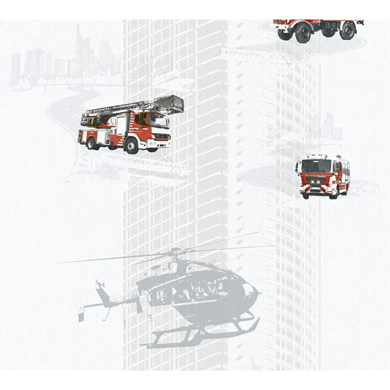 Papier peint pompier & hélicoptère chambre enfant | Tapisserie chambre garçon motif camion | Papier peint gris intissé - 10,05 x 0,53 m