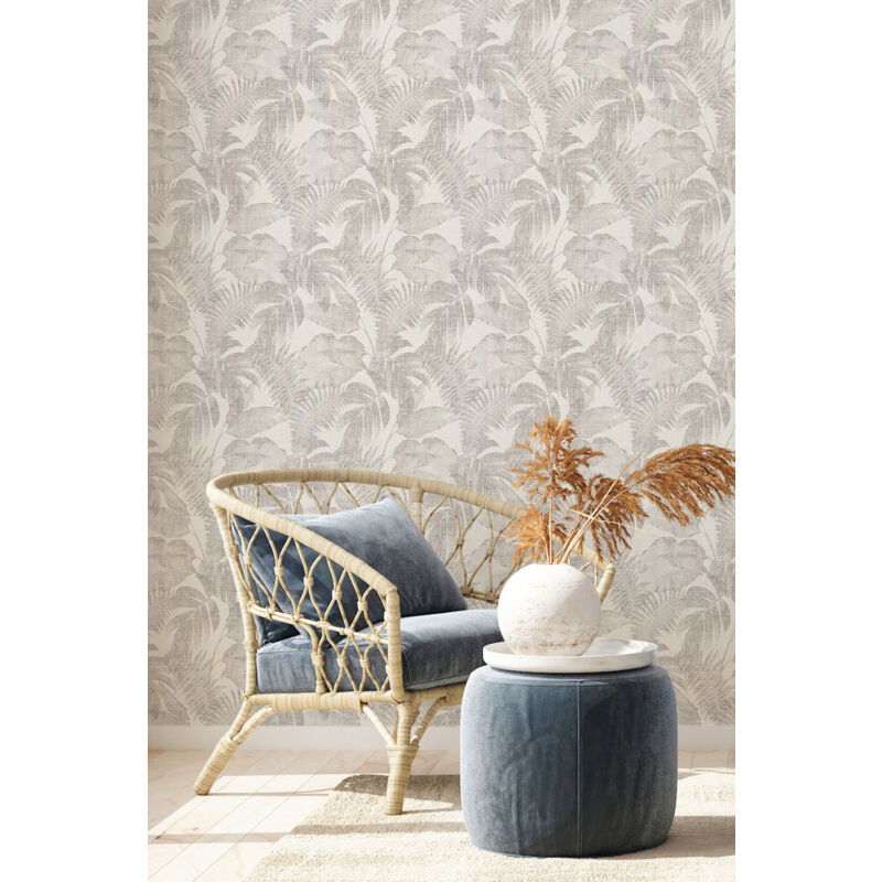 Papier peint palmiers blanc gris Papier peint non-tissé moderne avec design de feuilles de palmiers en lin Papier peint boho