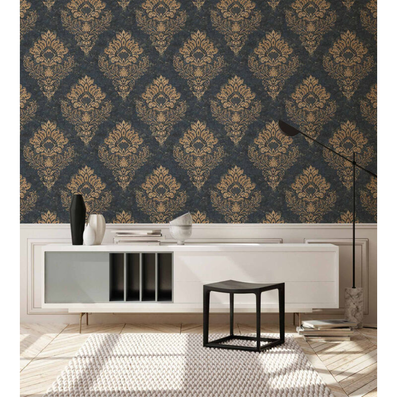Papier peint baroque bleu foncé et or Papier peint damassé moderne Papier peint intissé Idéal pour chambre