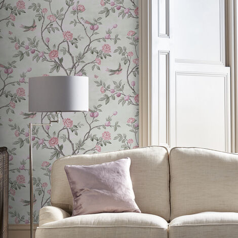 Papier peint intissé à motif fleurs d'églantine – 1005 x 52 cm – Vert pâle, rose – Raccord sauté 53 cm – Entretien facile – Laura Ashley