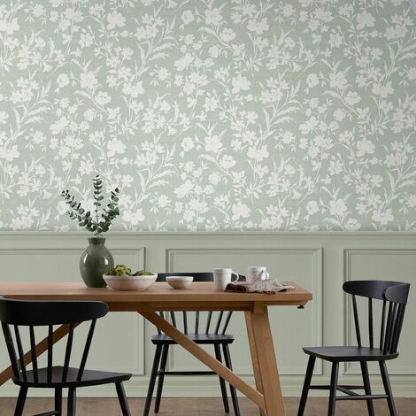 Papier peint intissé à motif floraison verte 1005 x 52 cm – Raccord sauté 53/26,5 cm – Entretien facile avec éponge humide – Résistant à la lumière – Laura Ashley