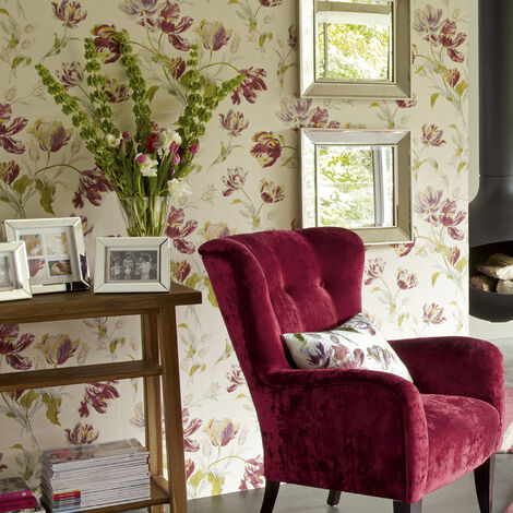 Papier peint intissé à motif tulipes – 10m x 52cm – Raccord sauté 64cm – Résistant à la lumière – Entretien facile avec éponge humide – Laura Ashley