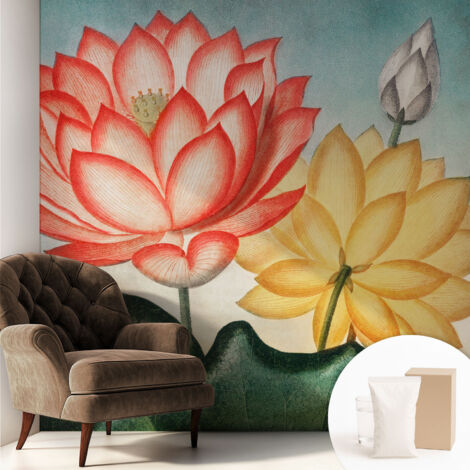 Papier peint intissé à motifs décoratifs pour salon chambre et bureau Décoration murale élégante avec colle Fleurs de lotus 250x250 cm