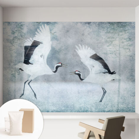 Papier peint intissé à motifs décoratifs pour salon chambre et bureau Décoration murale élégante avec colle Grues harmonieuses 152x104 cm