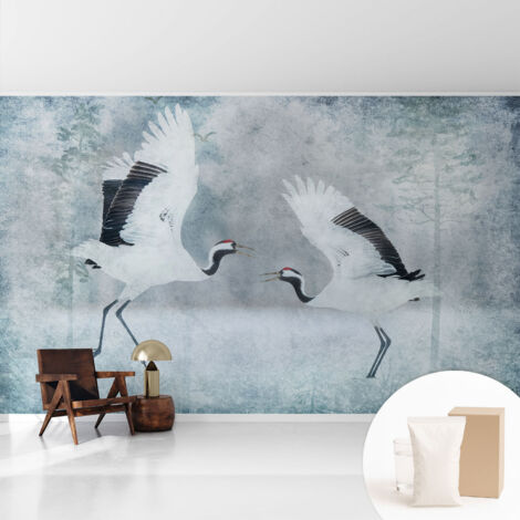 Papier peint intissé à motifs décoratifs pour salon chambre et bureau Décoration murale élégante avec colle Grues harmonieuses 416x254 cm