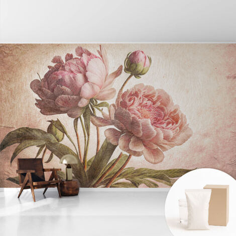 Papier peint intissé à motifs décoratifs pour salon chambre et bureau Décoration murale élégante avec colle Pivoines délicates 416x254 cm