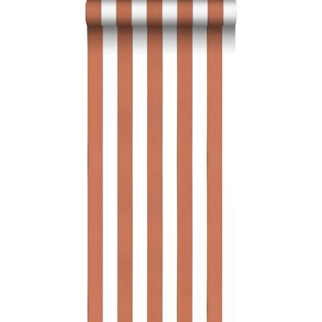 Papier peint intissé à rayures terracotta et blanc – Dimensions 53cm x 10,05m – Raccord libre – Impression écologique