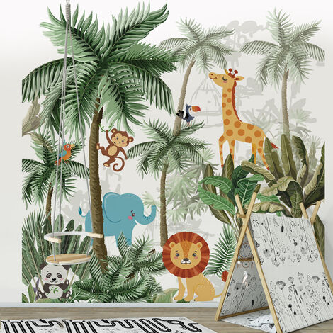 Papier peint intissé animaux de la jungle, 250 cm X 250 cm, pour chambre d'enfant, décor panoramique tropical.