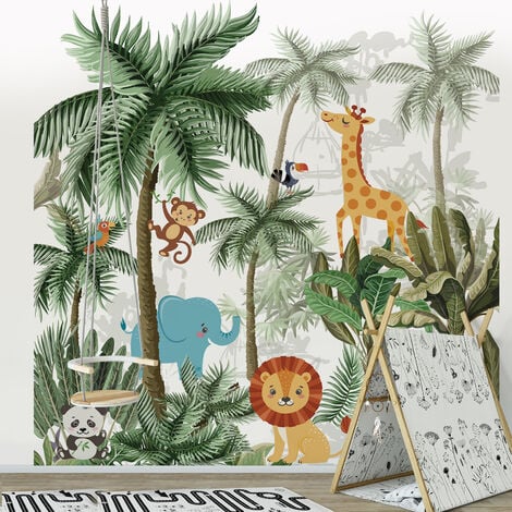 Papier peint intissé animaux de la jungle, 250 cm X 250 cm, pour chambre d'enfant, décor panoramique tropical. - Multicouleur