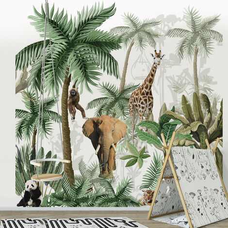 Papier peint intissé animaux de la jungle, illustration forêt tropicale, pour chambre d'enfant, 250 cm X 250 cm