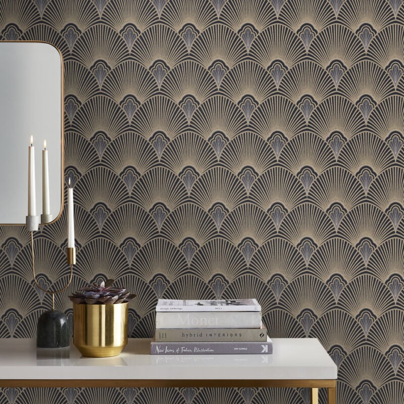 Papier peint intissé Art Deco 1005 x 52cm Noir, or