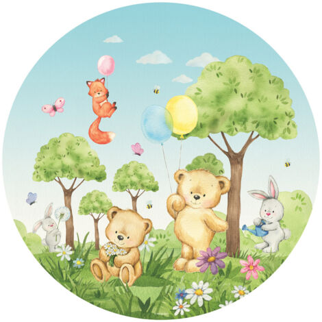 Papier peint intissé auto-adhésif rond  animaux de la foret - ourson, lapin, renard en couleur - 70 x 70 cm