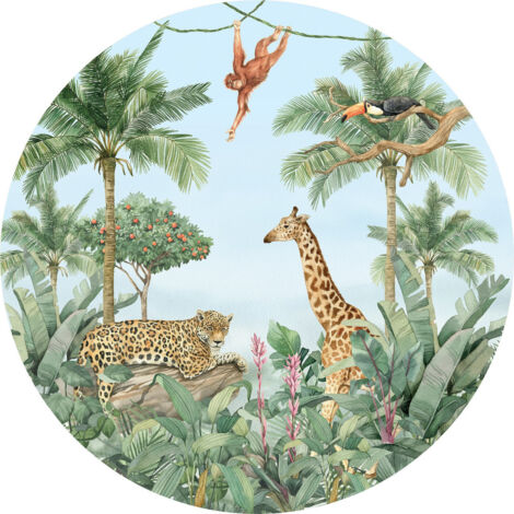 Papier peint intissé auto-adhésif rond  animaux de la jungle - 70 x 70 cm