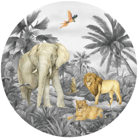 Papier peint intissé auto-adhésif rond  animaux de la jungle - Lion, éléphant, perroquet en noir et blanc - 70 x 70 cm