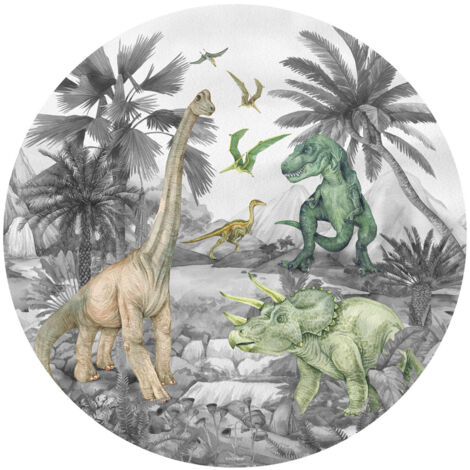 Papier peint intissé auto-adhésif rond  dinosaure en noir et blanc - 70 x 70 cm