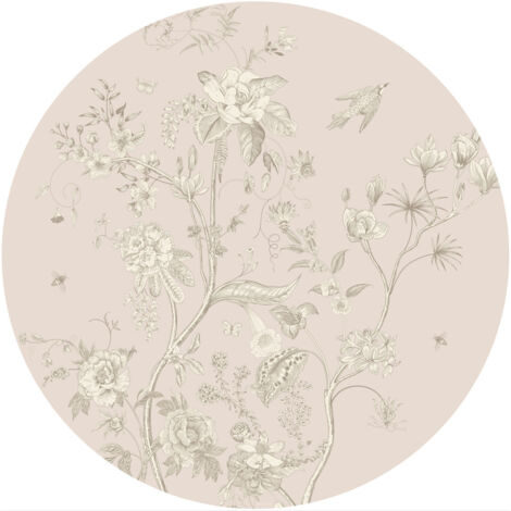 Papier peint intissé auto-adhésif rond thème fleurs blanches et fond rose - 70 x 70 cm