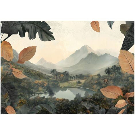 Papier peint intissé avec des montagnes colorées, un lac et une forêt - 250x175cm - Fliselina - Montage Facile