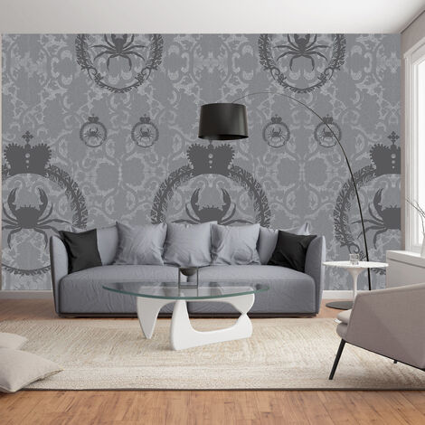 Papier peint intissé Baroque avec pochoir Crabe Tête Blason Couronné, 270 cm X 250 cm, déco originale et unique.