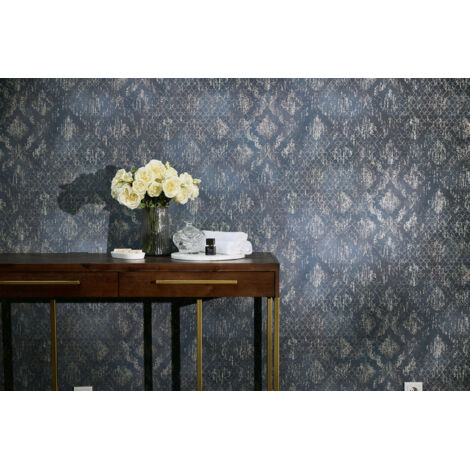 Papier peint intissé Baroque Bleu, Argent - 10,05 x 0,53 m