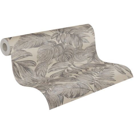 Papier peint intissé beige, brun, et gris Tapisserie fleurie style tropical pour couloir Papier peint à motifs floral idéal salon