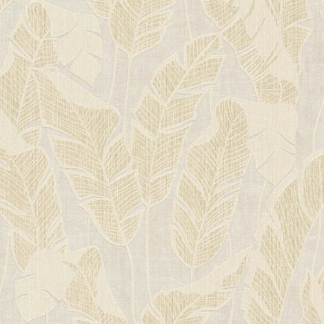 Papier peint intissé beige métallique et crème Tapisserie florale feuillage bananier Papier peint tendance style tropical jungle