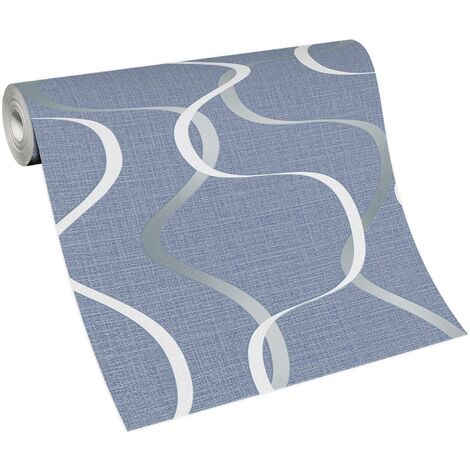 Papier peint intissé bleu avec ondulations blanches  Tapisserie tendance à motif ondulés pour chambre  Papier peint moderne bleu & blanc