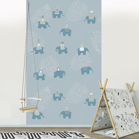Papier peint intissé bleu clair avec éléphants d'Asie bleus et ornement traditionnel, 250 cm X 150 cm.