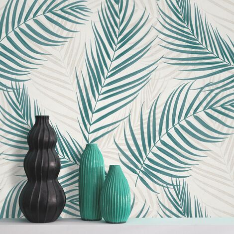 Papier peint intissé bleu et beige motif feuilles de palmier – Tapisserie moderne pour couloir – Résistant à l'humidité et facile à poser – Bricoflor