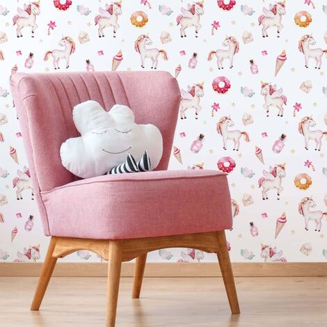 Papier peint intissé chambre d'enfant licorne crème glacée princesse filles 0,48 m x 5,28 m - rose