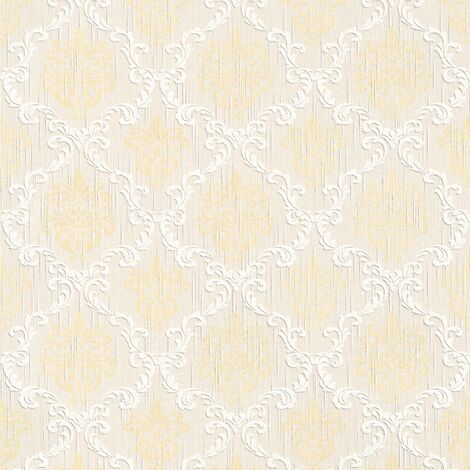 Papier peint intissé crème et jaune Tapisserie effet textile pour couloir Papier peint style baroque chic idéal pour chambre et salon