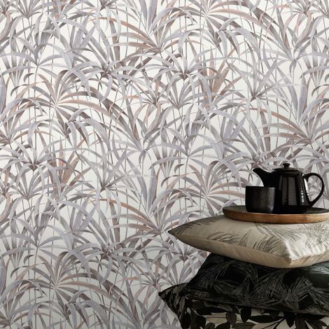 Papier peint intissé crème tendance | Tapisserie à motif tropical pour salle de bain | Papier peint palmier gris et beige