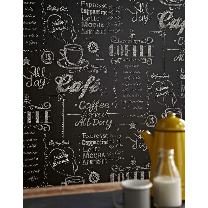 Papier peint intissé Cuisine, Café en terrasse 1005 x 52cm Noir, Blanc