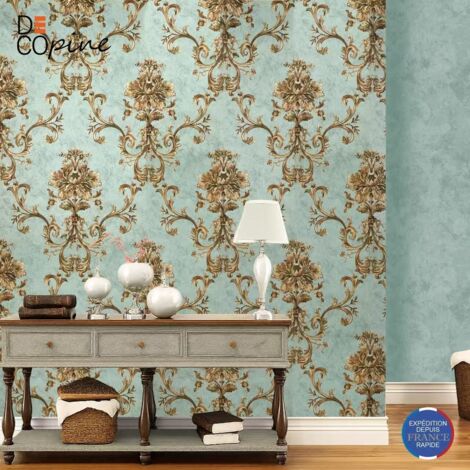 Papier Peint Intissé - DECOPINE - Floral 3D - Bleu et Or - 0,53 x 10m - Lavable