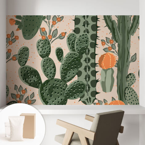 Papier peint intissé décoratif avec colle pour salon chambre et bureau Installation rapide Cactus verts 104x70 cm